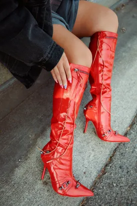 Adison Metallic Knee High Boots - Red