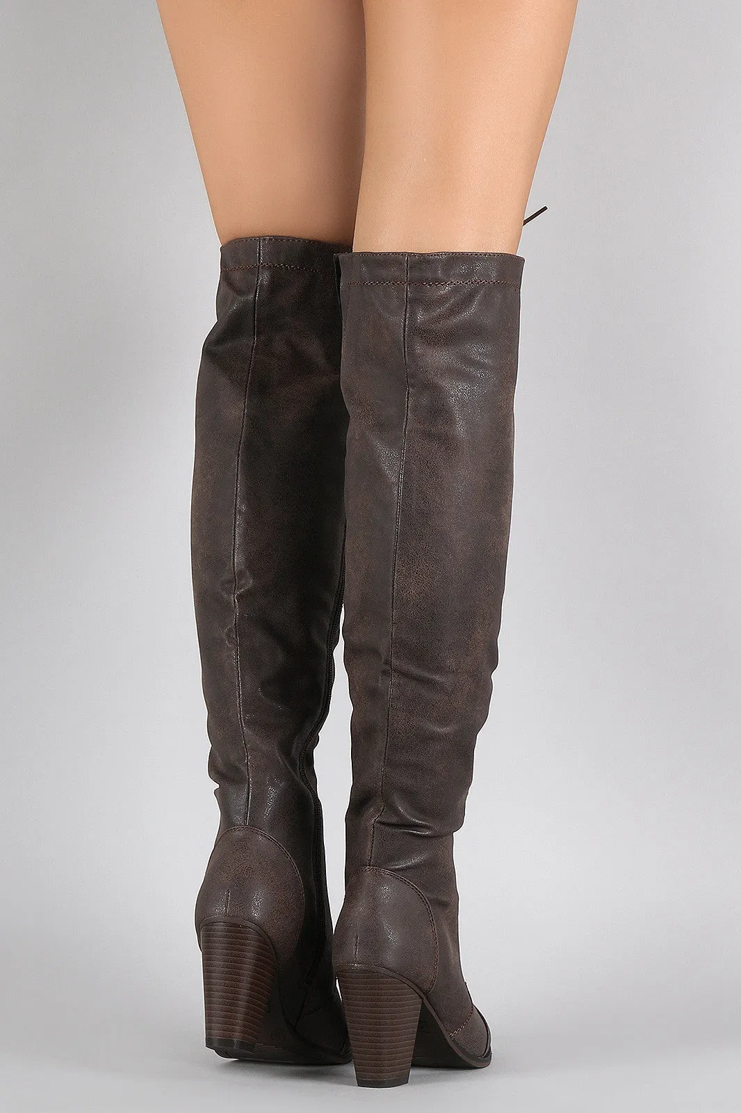 Almond Toe Lace Up Stacked Heeled Over-The-Knee Boots