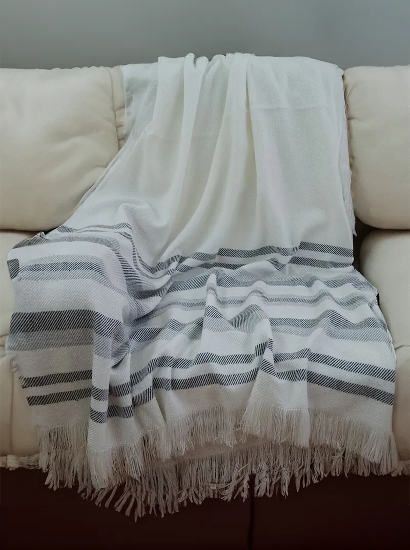 Alpaca Throw Blanket White and Gray with Lines & Fringes