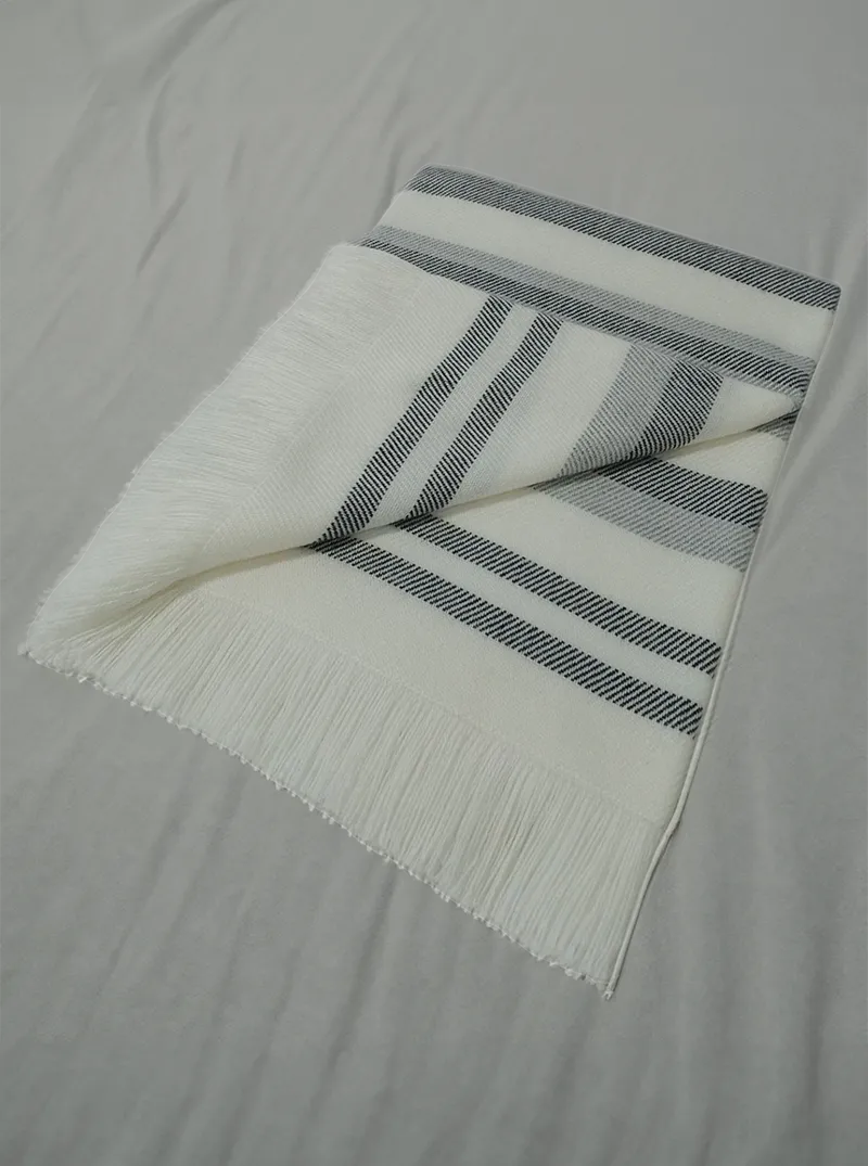 Alpaca Throw Blanket White and Gray with Lines & Fringes