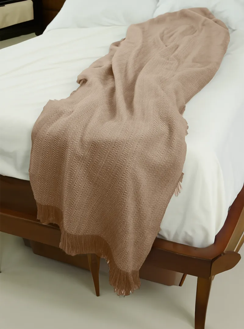 Alpaca Throw Blanket Zig Zag | Beige with Fringes