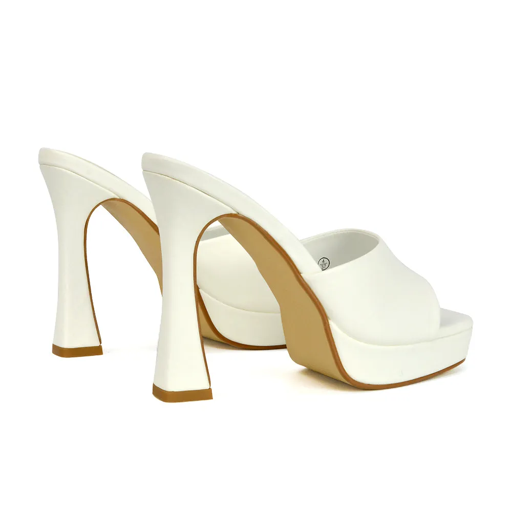 Anita Square Toe Slip on Sandal Platform High Heel Mules in White Synthetic Leather