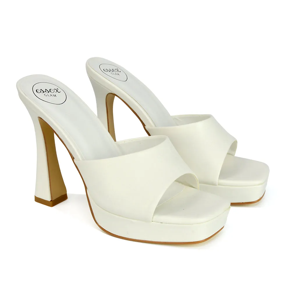 Anita Square Toe Slip on Sandal Platform High Heel Mules in White Synthetic Leather