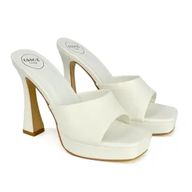 Anita Square Toe Slip on Sandal Platform High Heel Mules in White Synthetic Leather