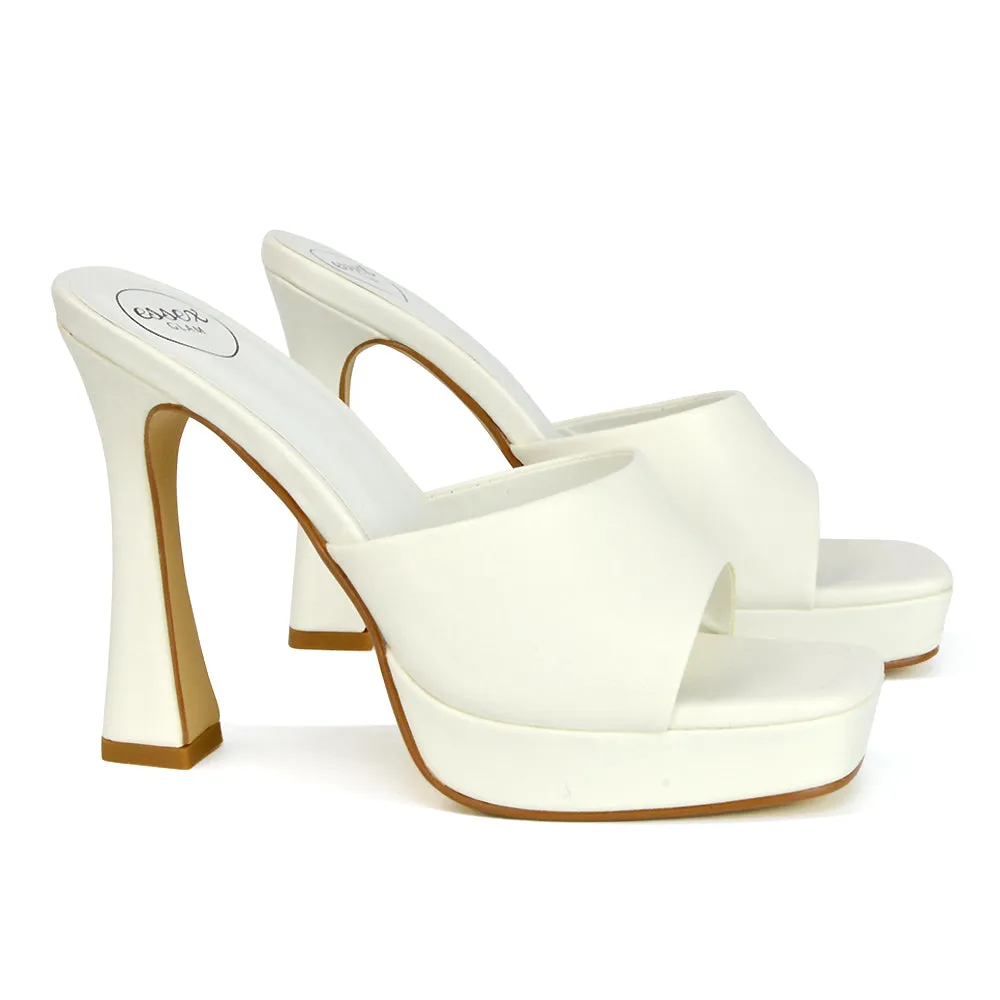 Anita Square Toe Slip on Sandal Platform High Heel Mules in White Synthetic Leather