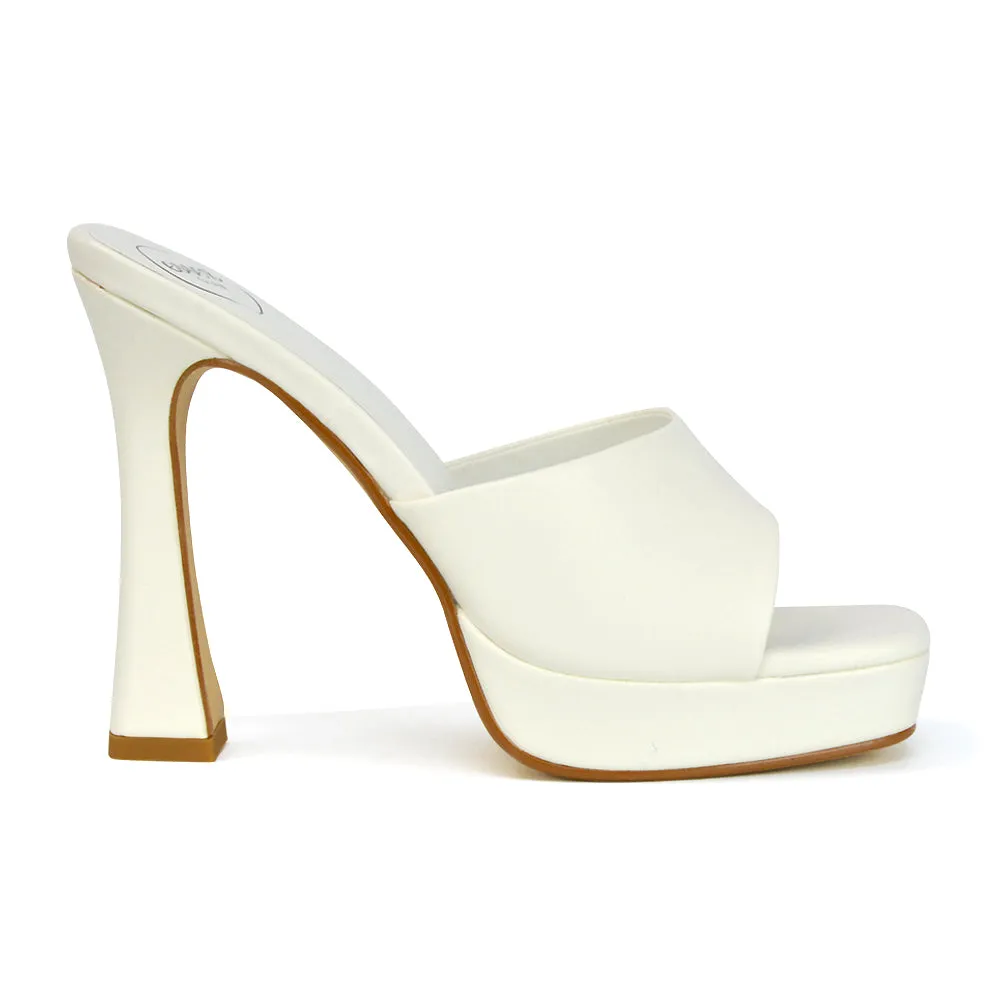 Anita Square Toe Slip on Sandal Platform High Heel Mules in White Synthetic Leather