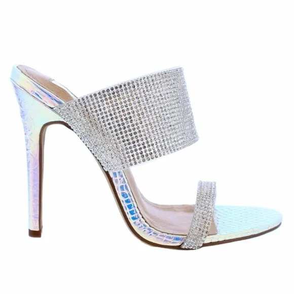 Arielle Rhinestone Double Strap Heels- Hologram Pink