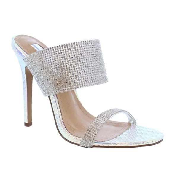 Arielle Rhinestone Double Strap Heels- Hologram Pink