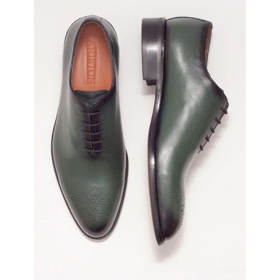 Ariston Mens Solid Green Whole Cut Oxford Leather Dress Shoes