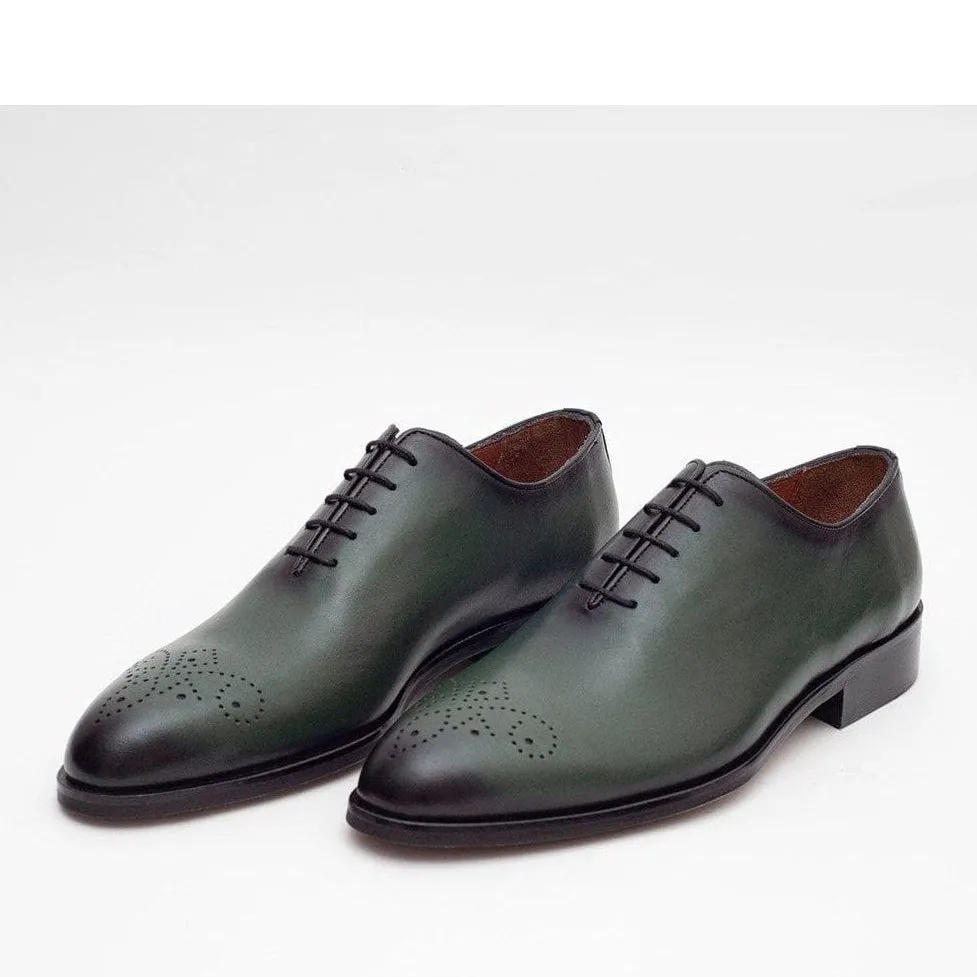 Ariston Mens Solid Green Whole Cut Oxford Leather Dress Shoes