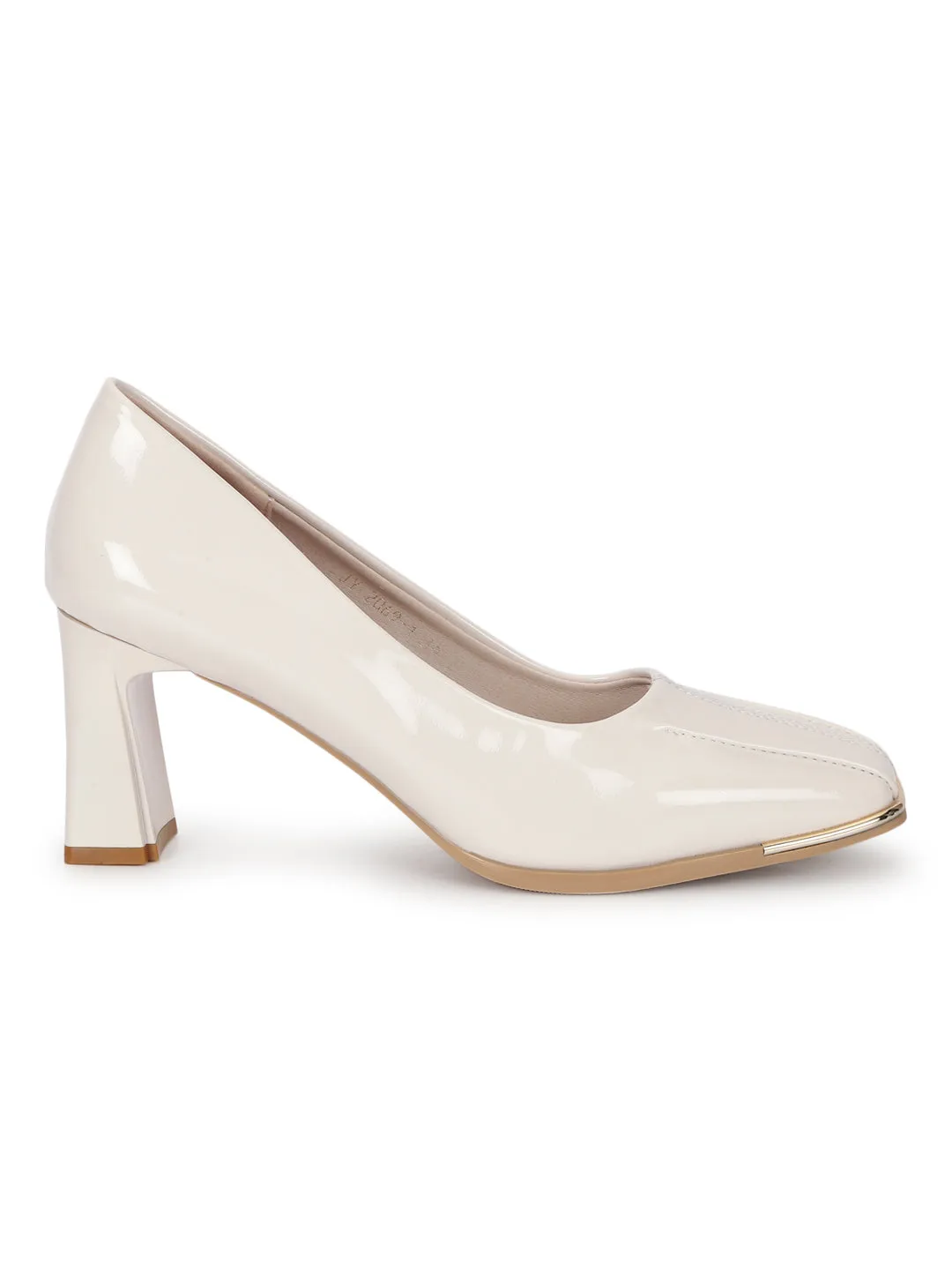 Beige Patent Block Heel Pumps (TC-RS2069-BEIG)