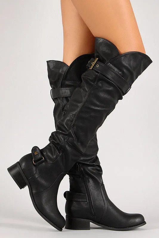 Belted Strap Screw Slouchy Knee High Riding Boot