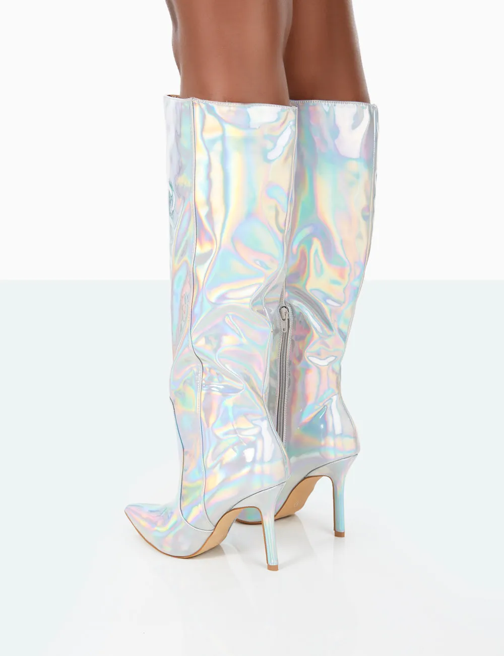 Best Believe Holographic PU Pointed Toe Stiletto Heeled Knee High Boots