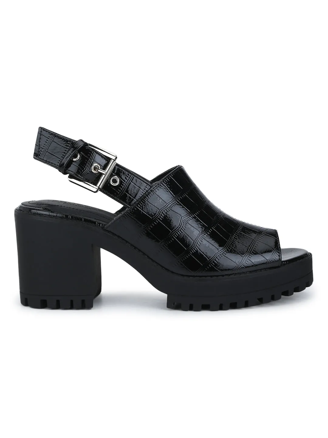 Black Croc Pat Peep Toe Block Heels