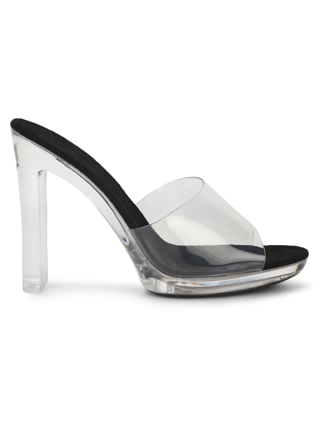 Black Micro Clear Block Heel Mules