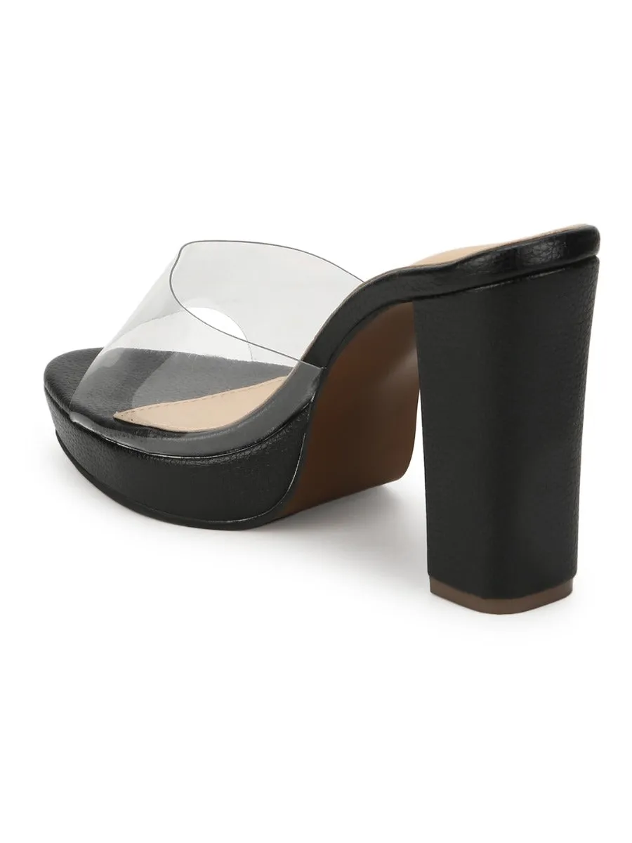 Black Perspex PU Clear Block Heel Mules