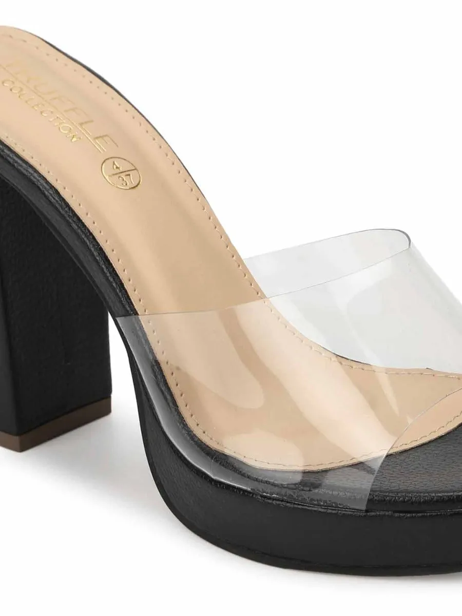 Black Perspex PU Clear Block Heel Mules