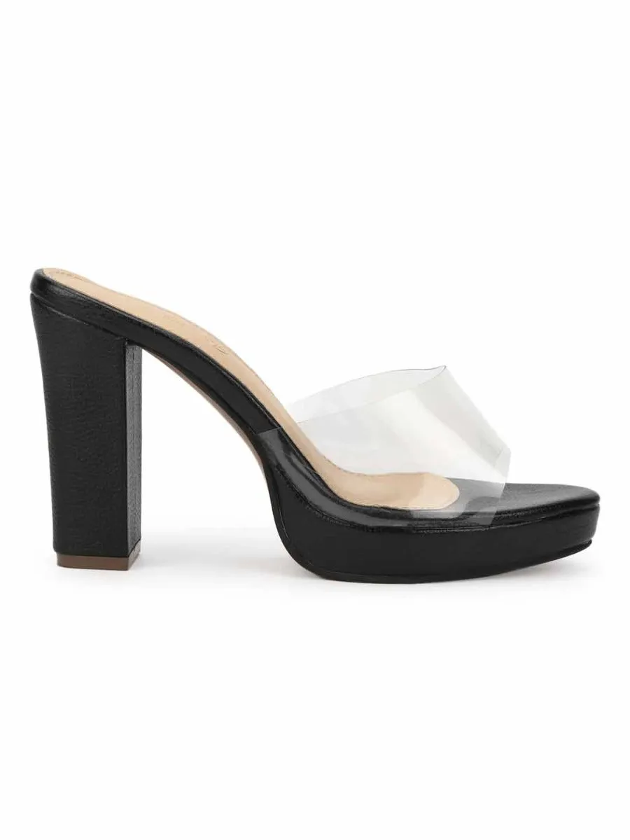 Black Perspex PU Clear Block Heel Mules