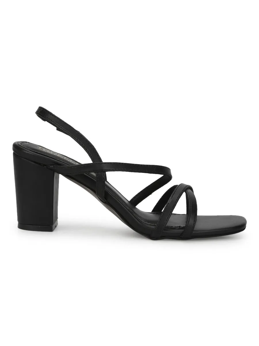 Black PU Crossover Strap Block Heel Sandals