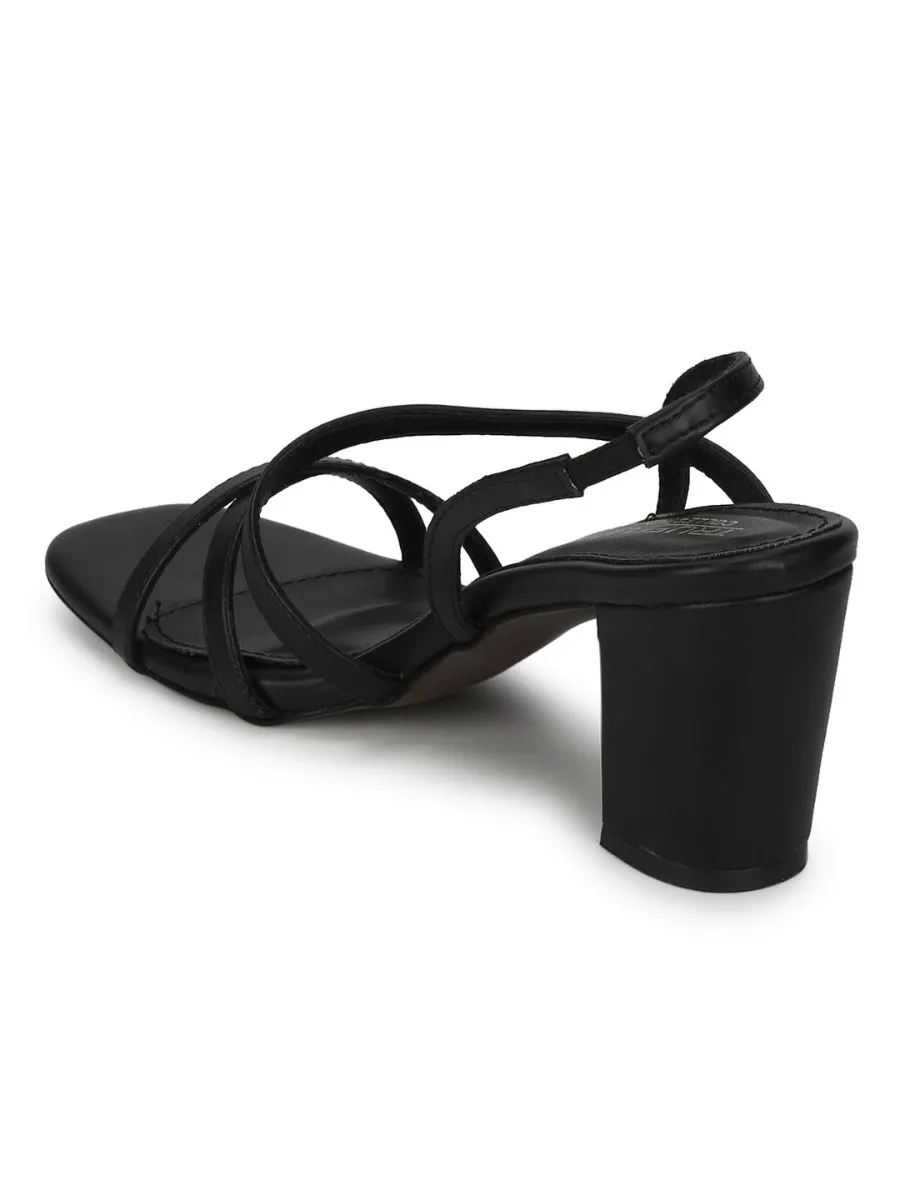 Black PU Crossover Strap Block Heel Sandals