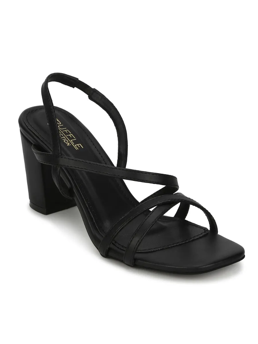 Black PU Crossover Strap Block Heel Sandals