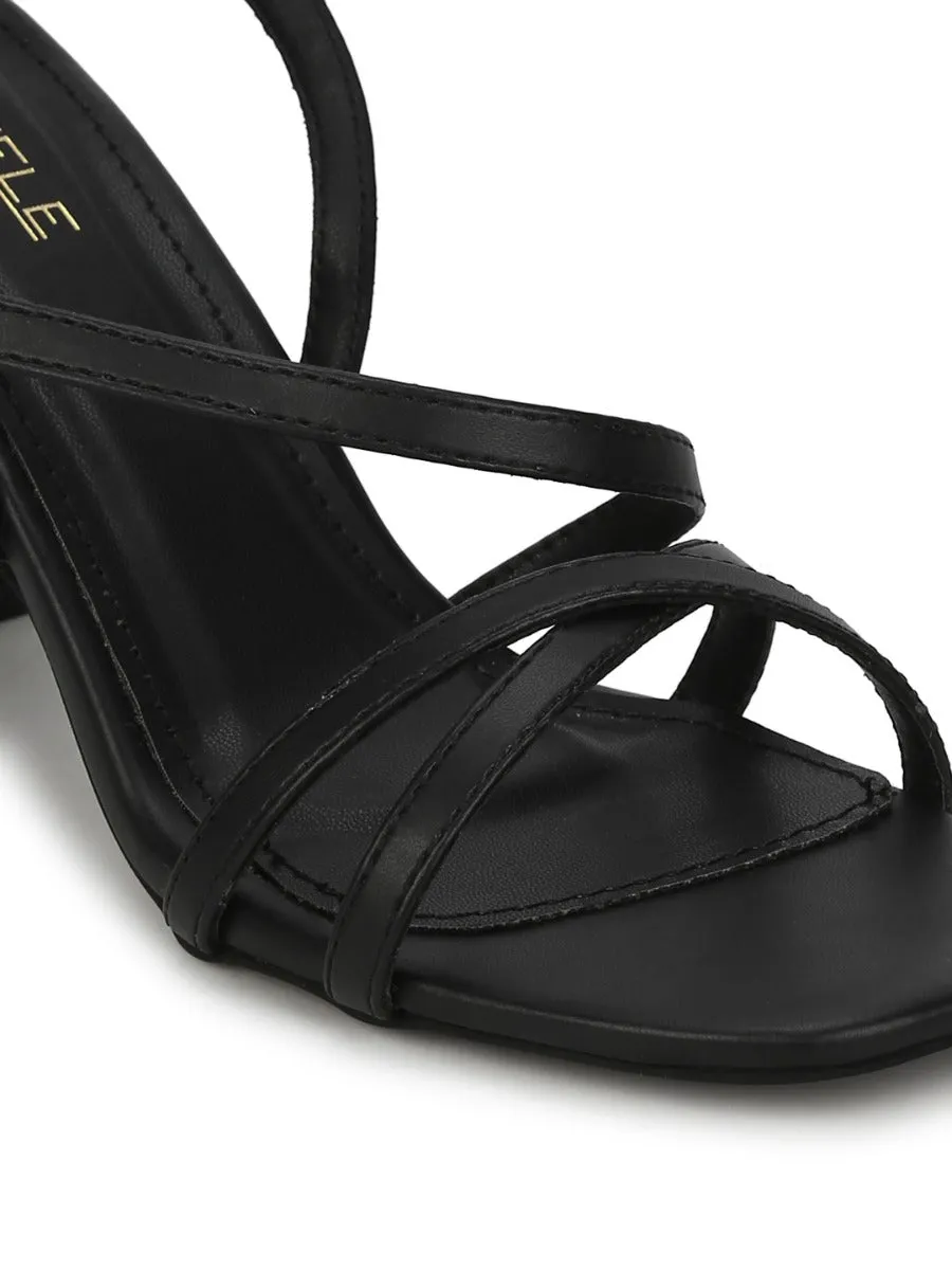 Black PU Crossover Strap Block Heel Sandals