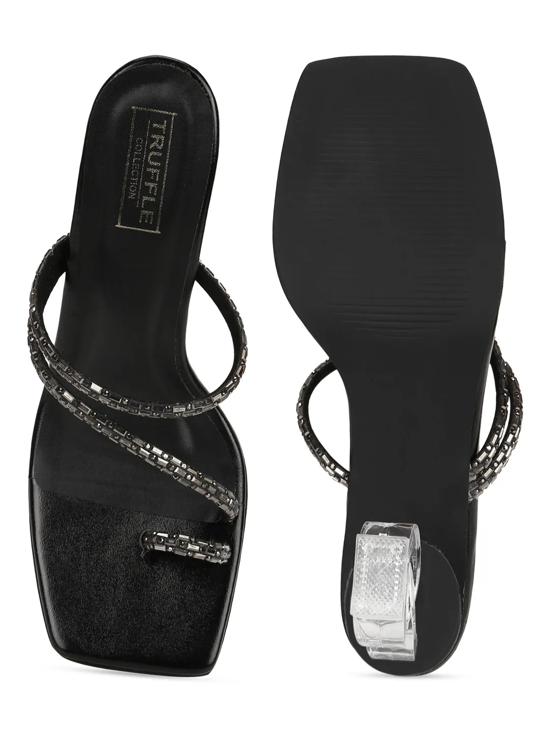 Black PU Diamante Embellished Clear Heel Mules (TC-SLC-V81-BLK)