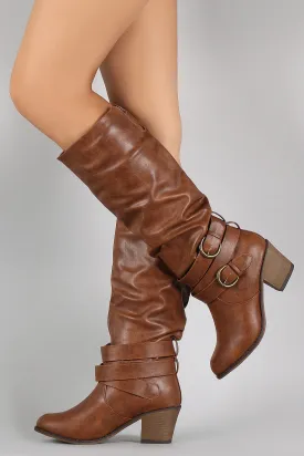 Buckled Chunky Heeled Slouchy Knee High Boots