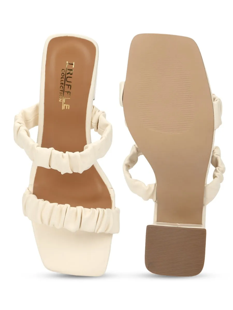 Cream PU Quilted Square Toe Mules