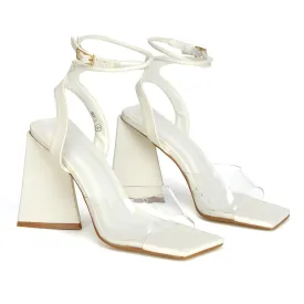 Dahlia Lace Up Ankle Strappy Perspex Square Toe Chunky Block High Heels in White