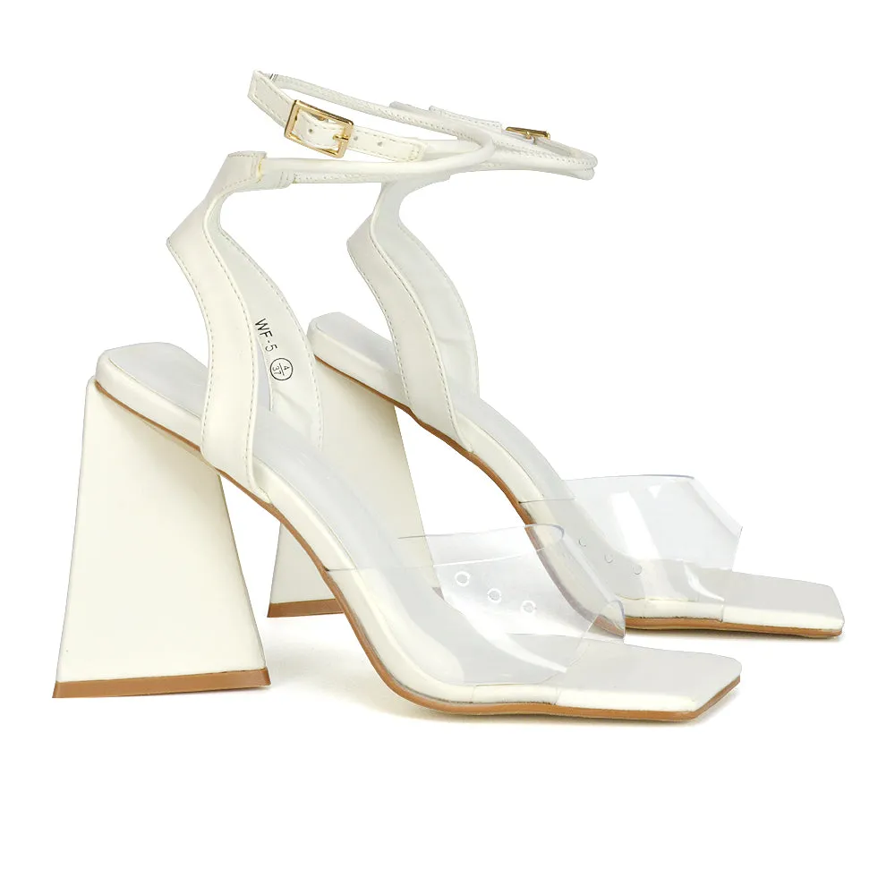 Dahlia Lace Up Ankle Strappy Perspex Square Toe Chunky Block High Heels in White