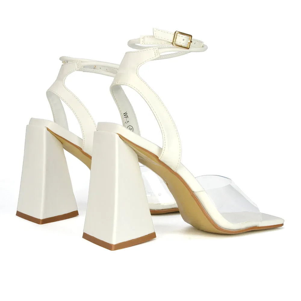 Dahlia Lace Up Ankle Strappy Perspex Square Toe Chunky Block High Heels in White