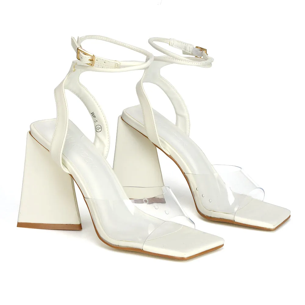 Dahlia Lace Up Ankle Strappy Perspex Square Toe Chunky Block High Heels in White