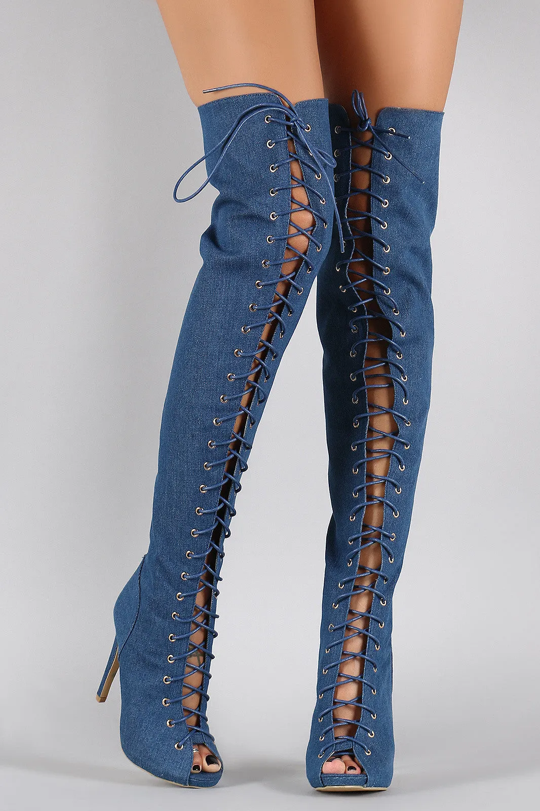 Denim Corset Lace Up Peep Toe Stiletto Over-The-Knee Boots