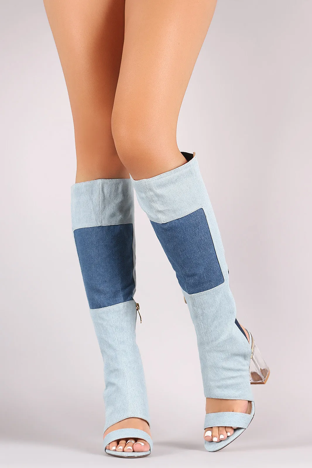 Denim Patchwork Chunky Lucite Heeled Cutout Knee High Boots