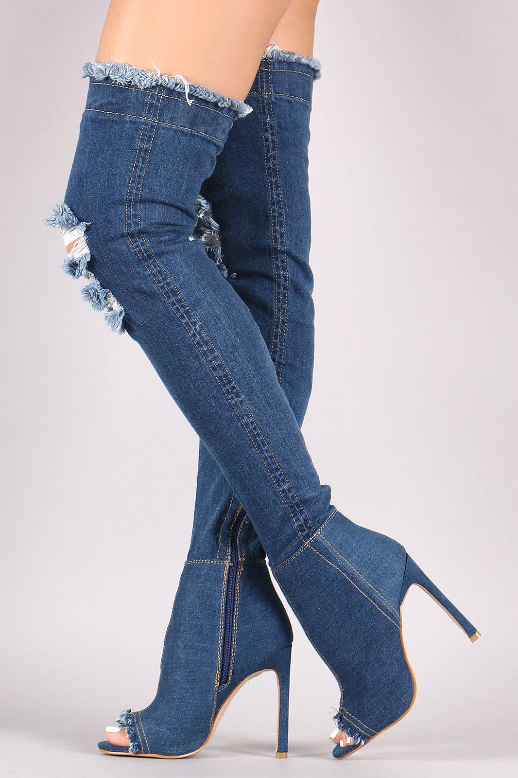 Distressed Denim Stiletto Over-The-Knee Boots