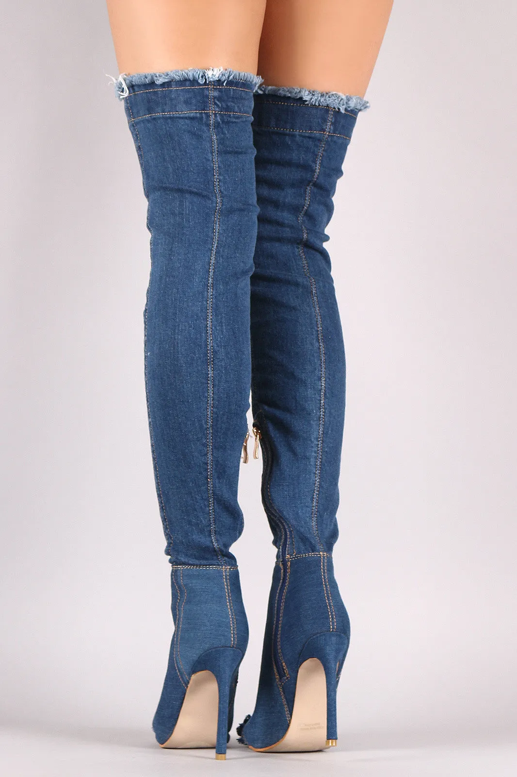 Distressed Denim Stiletto Over-The-Knee Boots