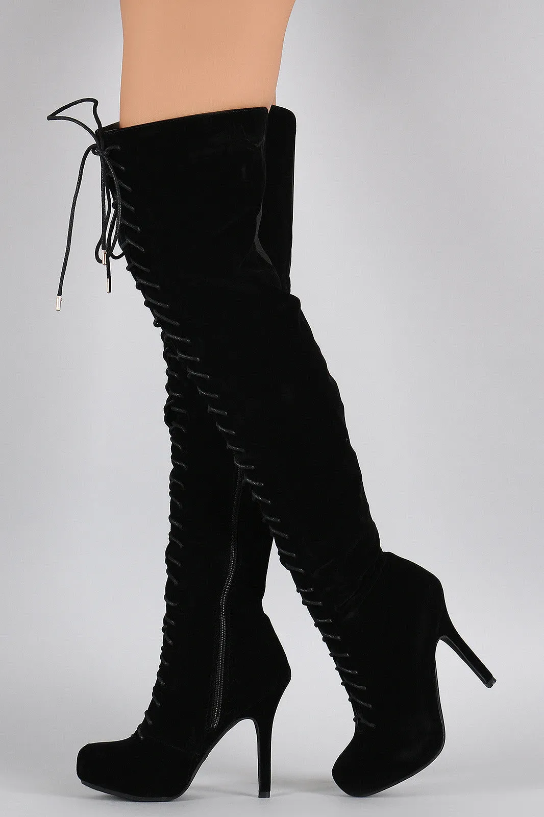 Dollhouse Suede Lace Up Stiletto Over-The-Knee Boots