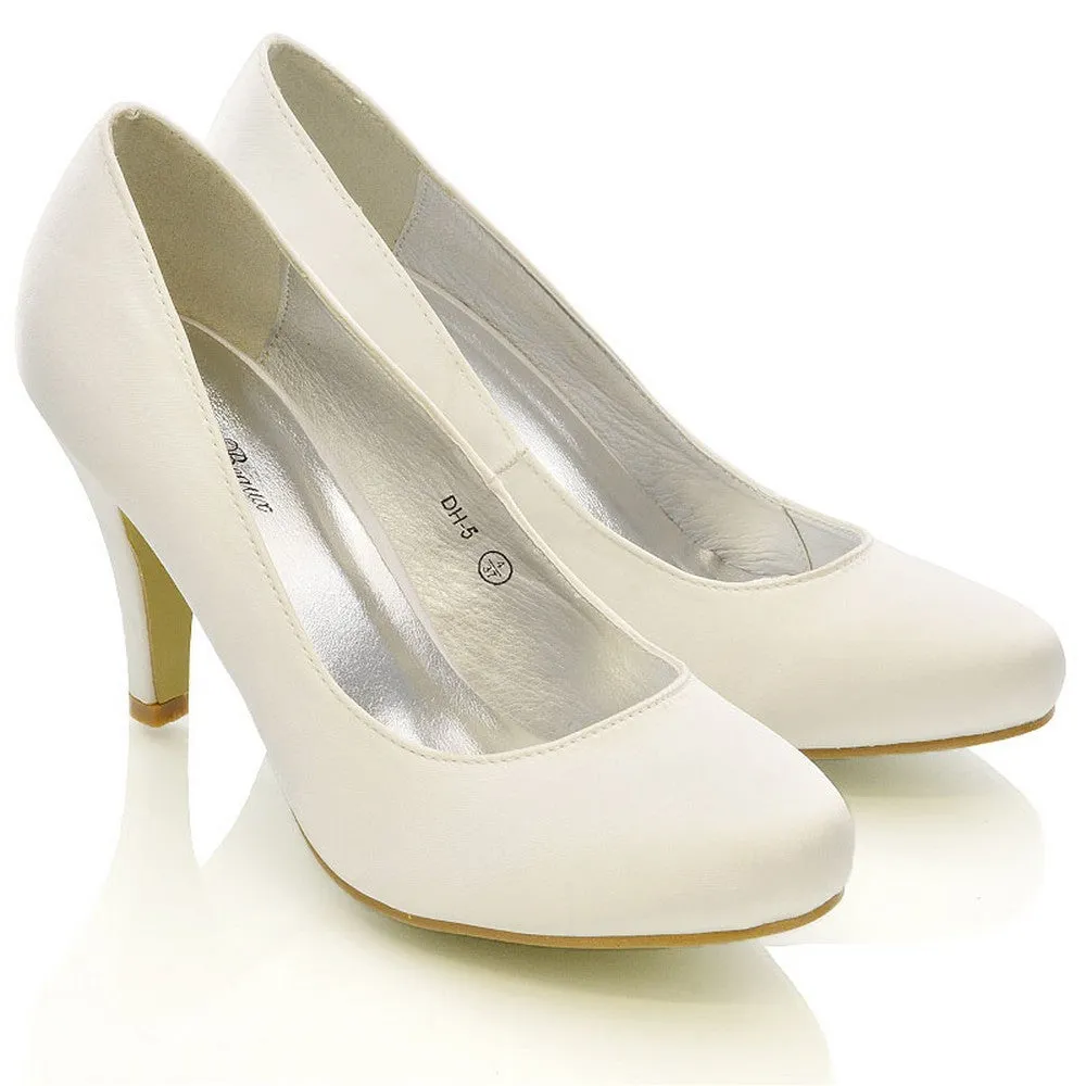 ELISABETH MID STILETTO HIGH WEDDING HEELS SLIP ON BRIDAL COURT SHOES IN WHITE SATIN