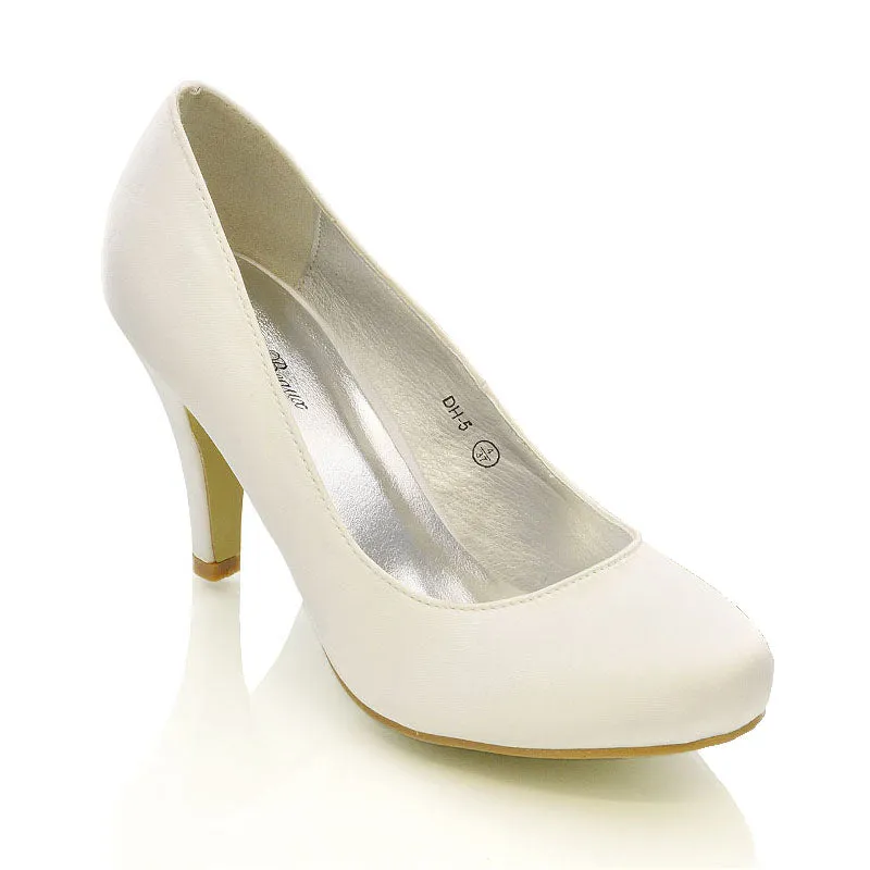 ELISABETH MID STILETTO HIGH WEDDING HEELS SLIP ON BRIDAL COURT SHOES IN WHITE SATIN