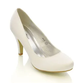 ELISABETH MID STILETTO HIGH WEDDING HEELS SLIP ON BRIDAL COURT SHOES IN WHITE SATIN