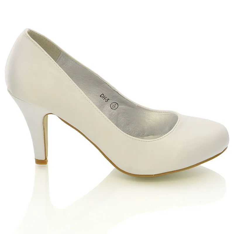 ELISABETH MID STILETTO HIGH WEDDING HEELS SLIP ON BRIDAL COURT SHOES IN WHITE SATIN