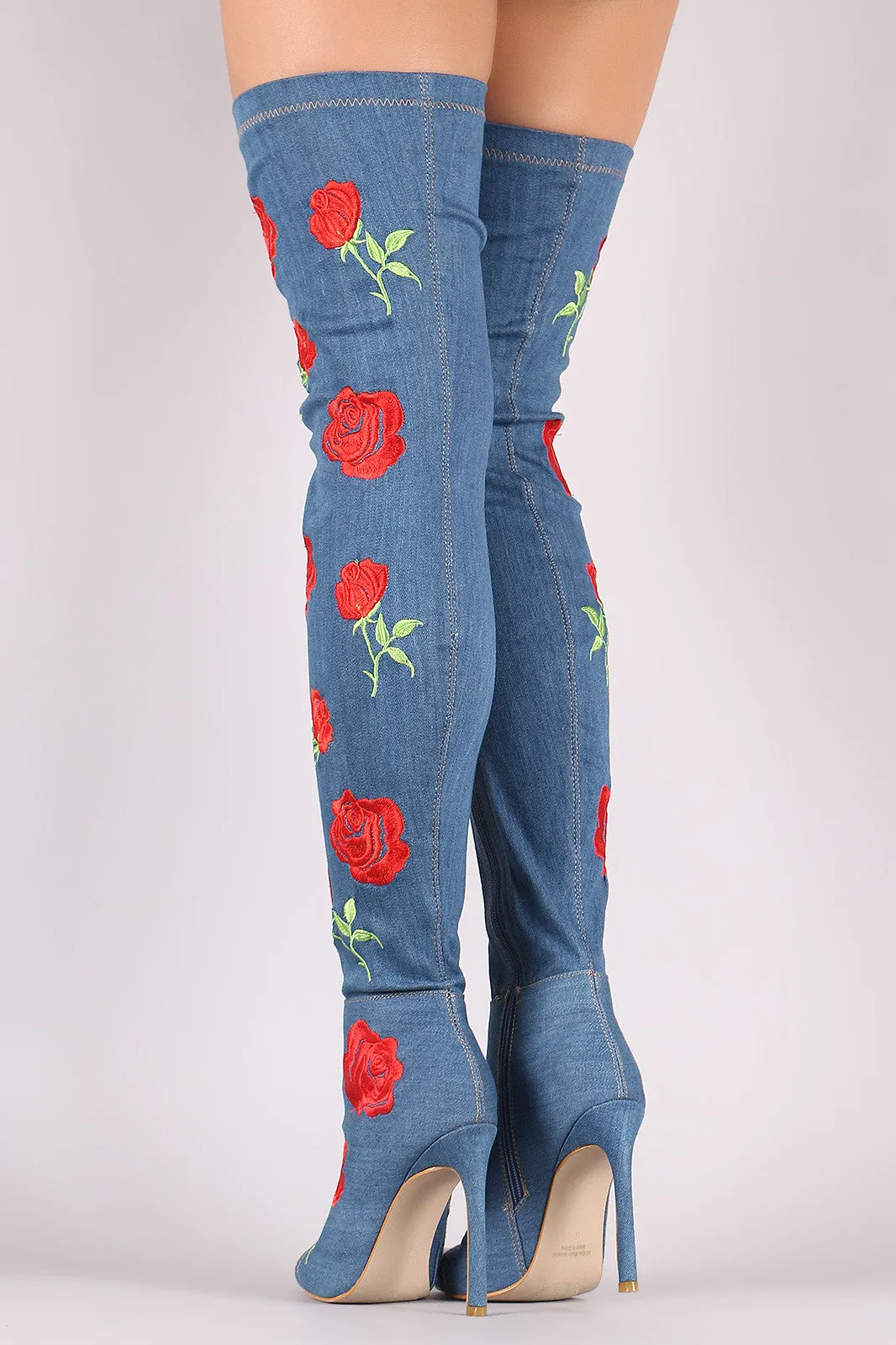 Embroidery Rosette Denim Stiletto Over-The-Knee Boots