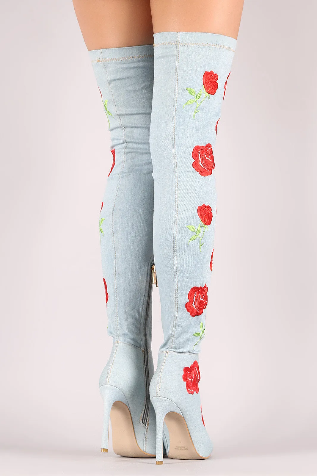 Embroidery Rosette Denim Stiletto Over-The-Knee Boots