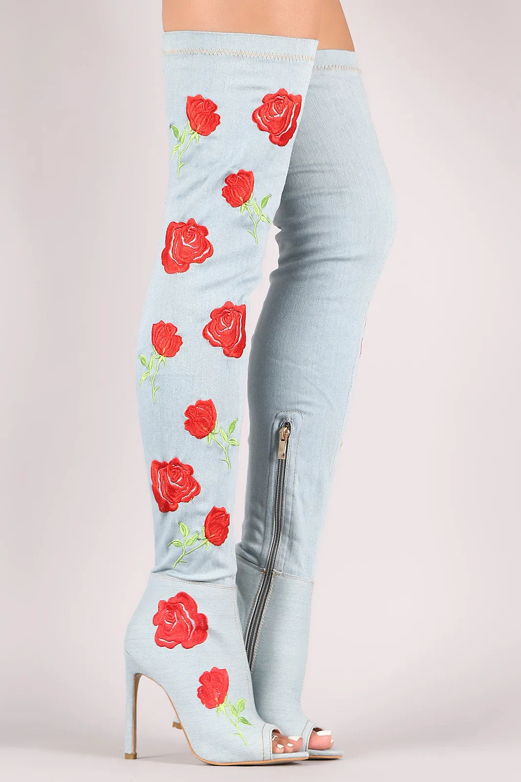 Embroidery Rosette Denim Stiletto Over-The-Knee Boots