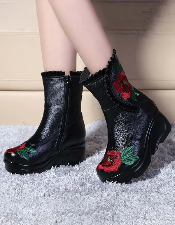 Ethnic Style Handmade Embroidery Wedge Boots