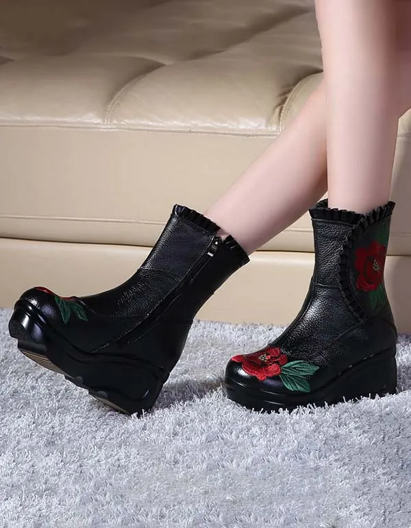 Ethnic Style Handmade Embroidery Wedge Boots