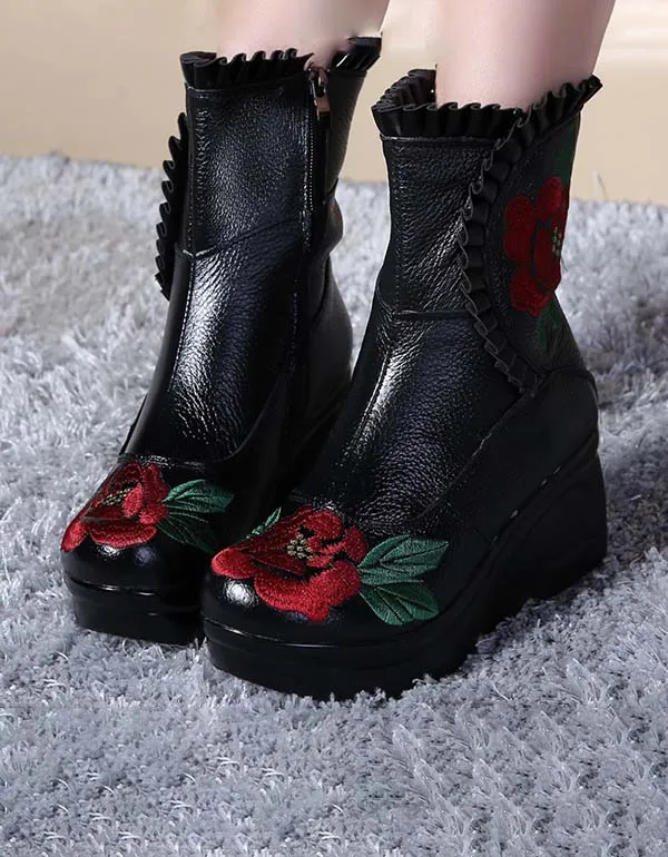 Ethnic Style Handmade Embroidery Wedge Boots