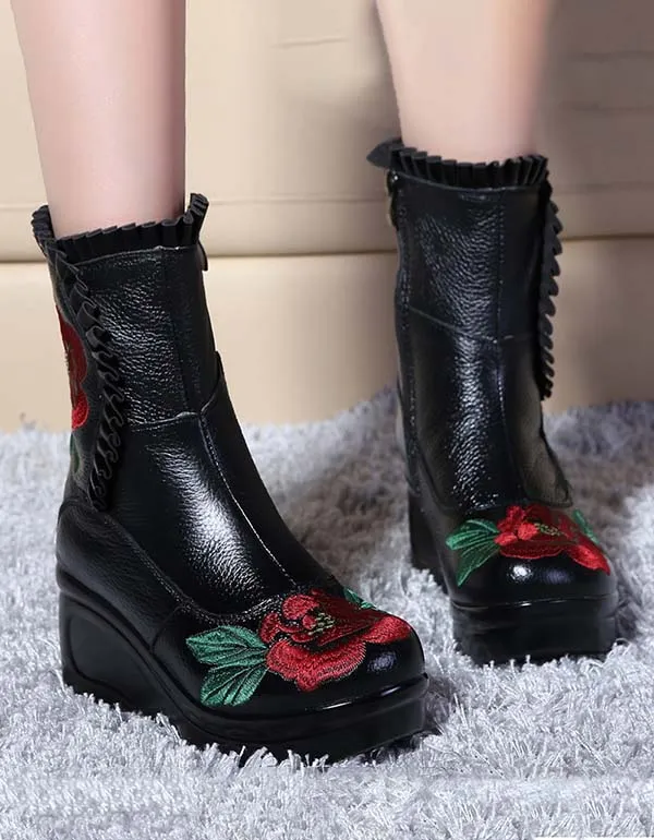 Ethnic Style Handmade Embroidery Wedge Boots