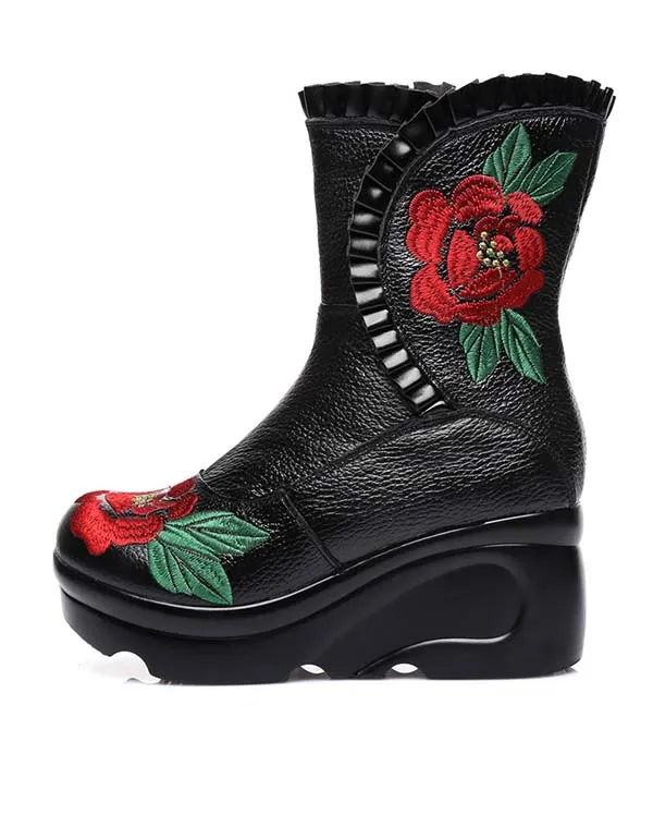 Ethnic Style Handmade Embroidery Wedge Boots